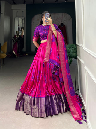 Purple Elegant Dola Silk Shibori Print Lehenga Set with Zari Weaving Border