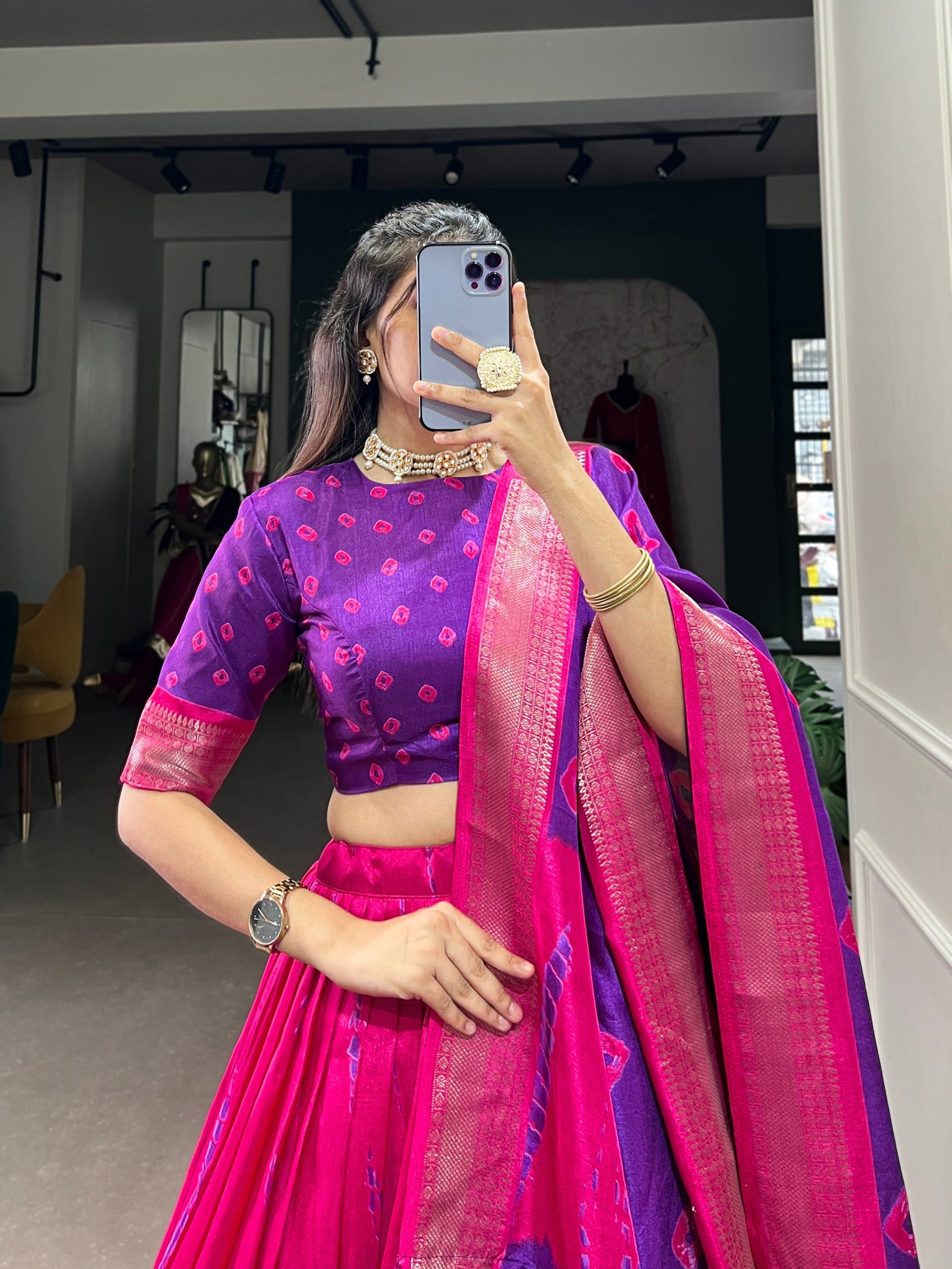 Purple Elegant Dola Silk Shibori Print Lehenga Set with Zari Weaving Border