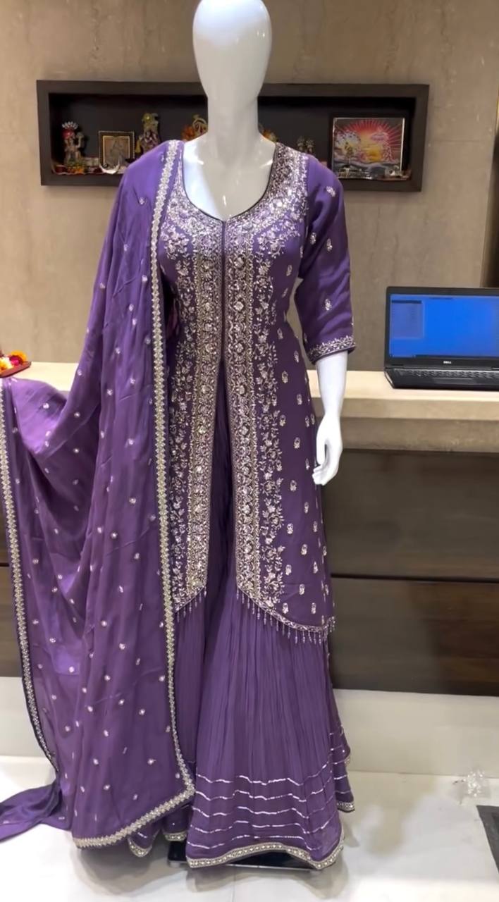Stylish Purple Chinon Embroidered Chinon Heavy Gharara Suit With Multi Colour Chinon