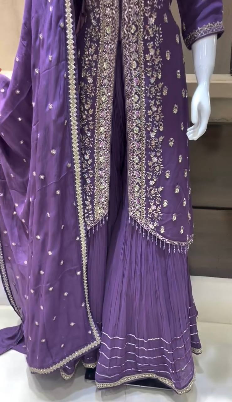 Purple Elegant Embroidered Chinon Silk Sharara Suit Set ClothsVilla