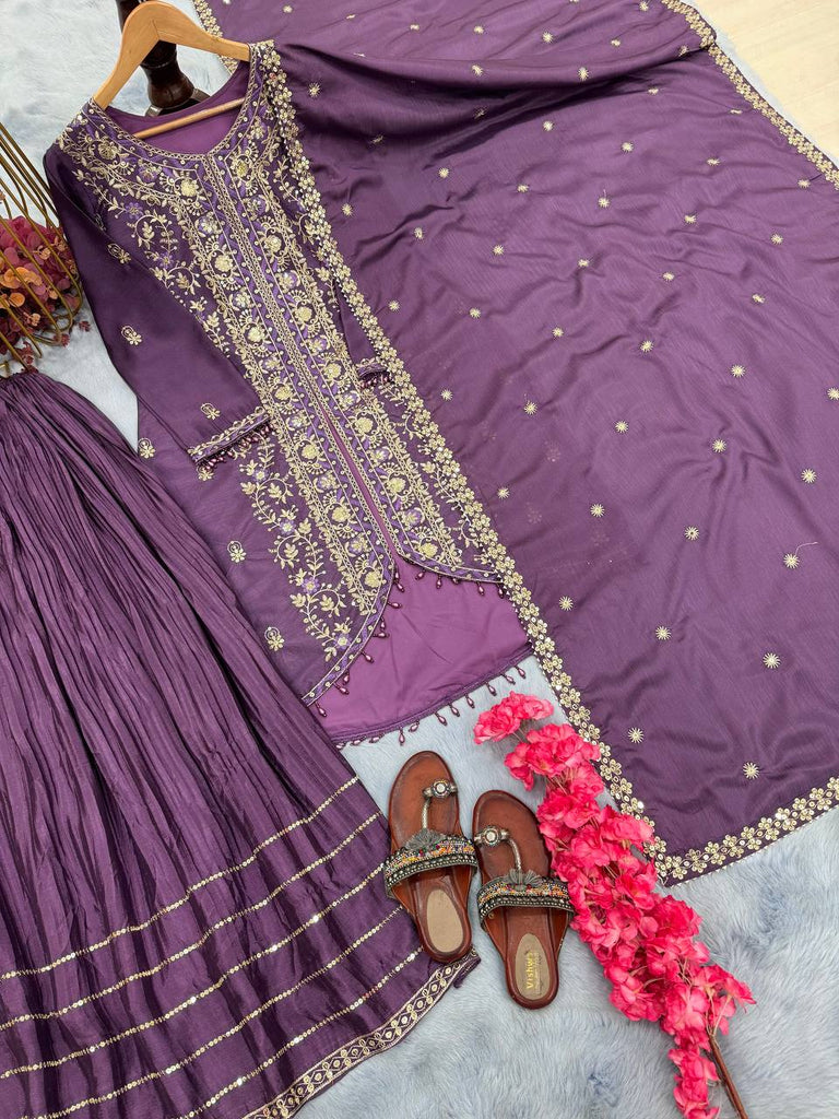 Purple Elegant Embroidered Chinon Silk Sharara Suit Set ClothsVilla