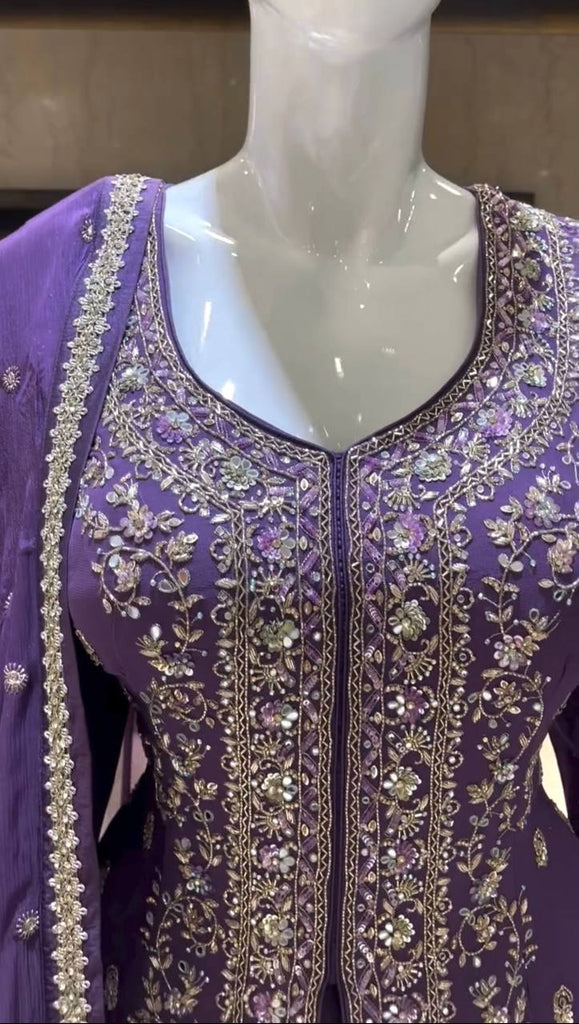 Purple Elegant Embroidered Chinon Silk Sharara Suit Set ClothsVilla