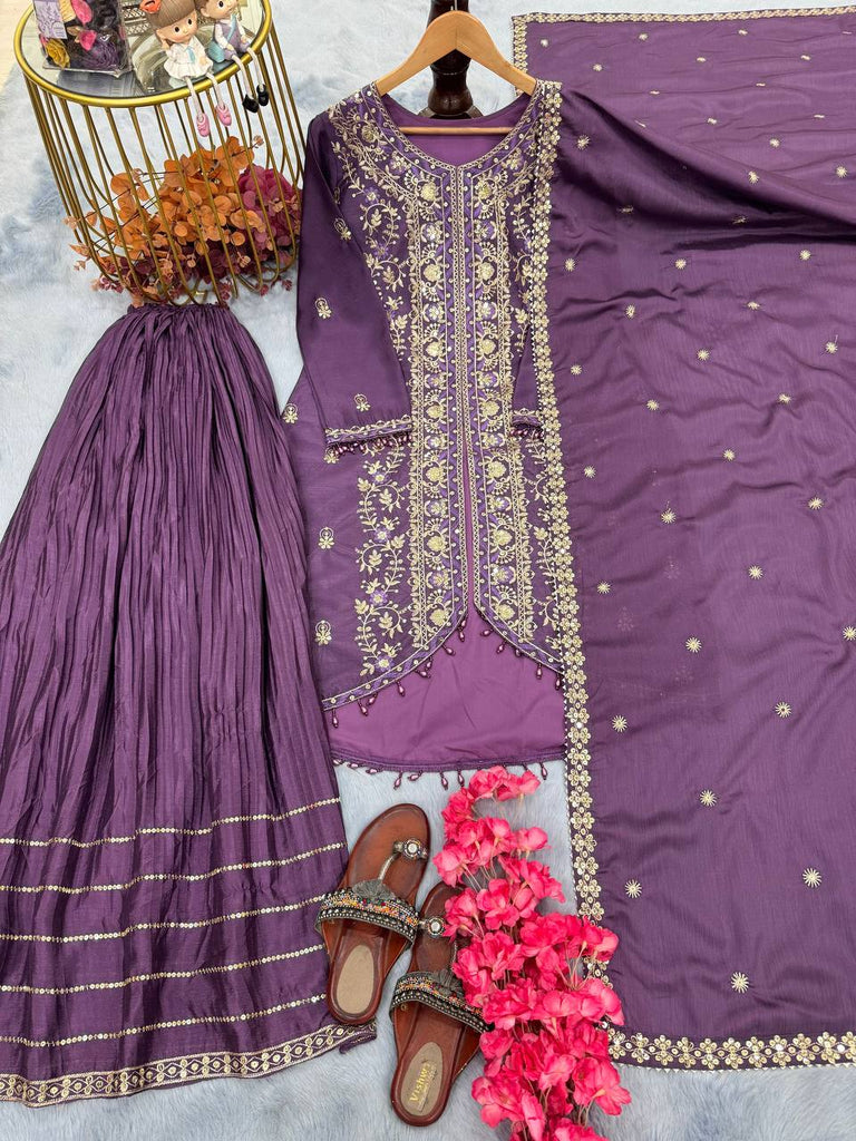 Purple Elegant Embroidered Chinon Silk Sharara Suit Set ClothsVilla