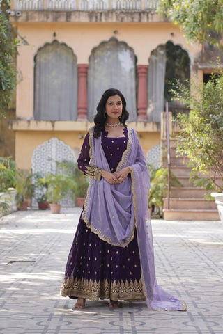 Purple Elegant Embroidered Faux Blooming Gown with Cutwork Dupatta Full-Length Flair Party Wear ClothsVilla