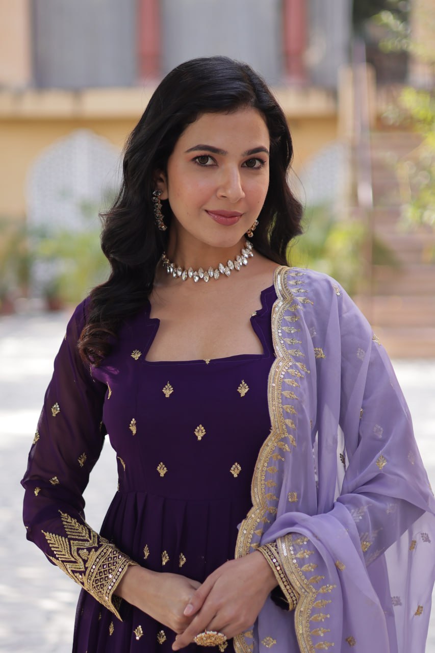 Purple Elegant Embroidered Faux Blooming Gown with Cutwork Dupatta Full-Length Flair Party Wear ClothsVilla