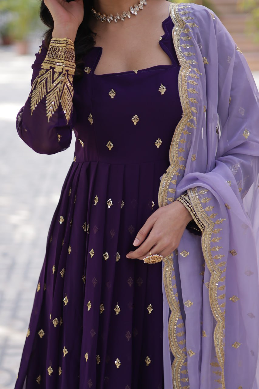 Purple Elegant Embroidered Faux Blooming Gown with Cutwork Dupatta Full-Length Flair Party Wear ClothsVilla