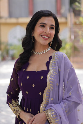 Purple Elegant Embroidered Faux Blooming Gown with Cutwork Dupatta Full-Length Flair Party Wear ClothsVilla
