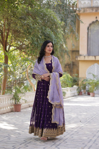 Purple Elegant Embroidered Faux Blooming Gown with Cutwork Dupatta Full-Length Flair Party Wear ClothsVilla