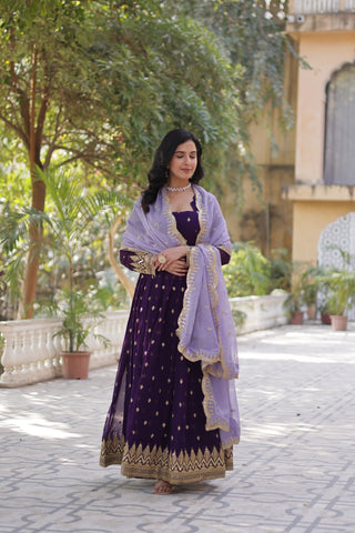 Purple Elegant Embroidered Faux Blooming Gown with Cutwork Dupatta Full-Length Flair Party Wear ClothsVilla