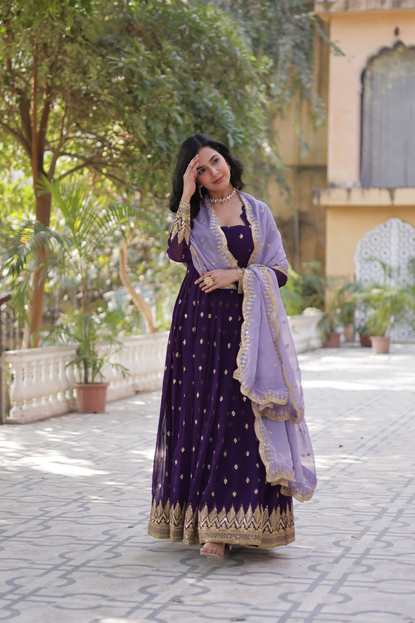 Purple Elegant Embroidered Faux Blooming Gown with Cutwork Dupatta Full-Length Flair Party Wear ClothsVilla