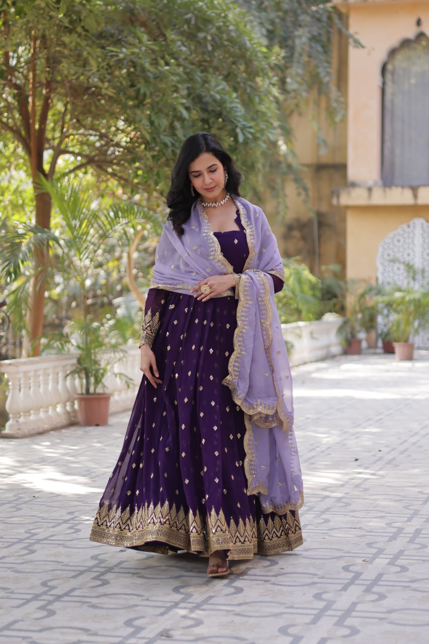 Purple Elegant Embroidered Faux Blooming Gown with Cutwork Dupatta Full-Length Flair Party Wear ClothsVilla