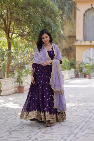 Purple Elegant Embroidered Faux Blooming Gown with Cutwork Dupatta Full-Length Flair Party Wear ClothsVilla