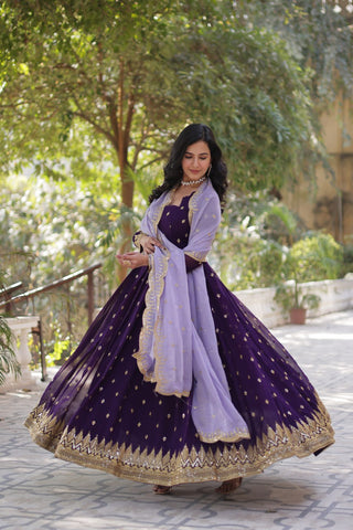 Purple Elegant Embroidered Faux Blooming Gown with Cutwork Dupatta Full-Length Flair Party Wear ClothsVilla