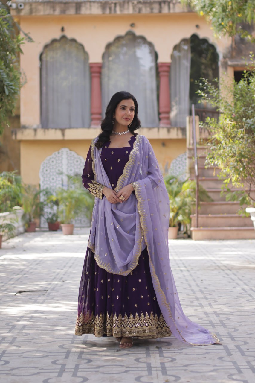 Purple Elegant Embroidered Faux Blooming Gown with Cutwork Dupatta Full-Length Flair Party Wear ClothsVilla