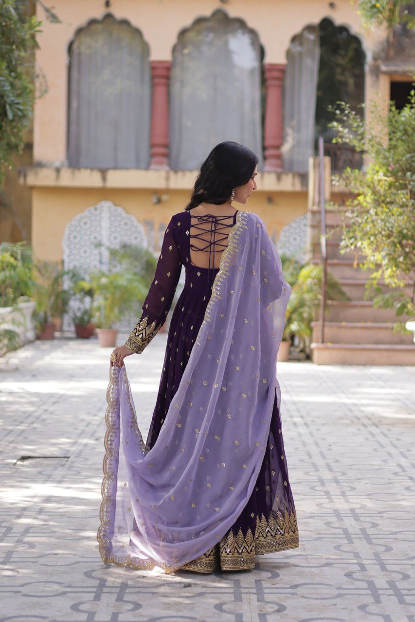 Purple Elegant Embroidered Faux Blooming Gown with Cutwork Dupatta Full-Length Flair Party Wear ClothsVilla