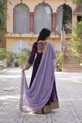 Purple Elegant Embroidered Faux Blooming Gown with Cutwork Dupatta Full-Length Flair Party Wear ClothsVilla
