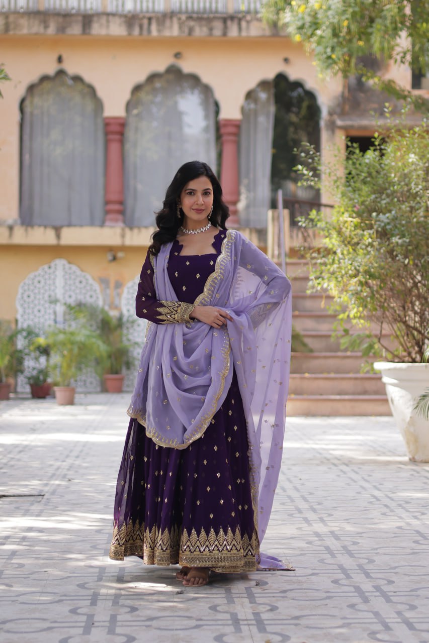 Purple Elegant Embroidered Faux Blooming Gown with Cutwork Dupatta Full-Length Flair Party Wear ClothsVilla