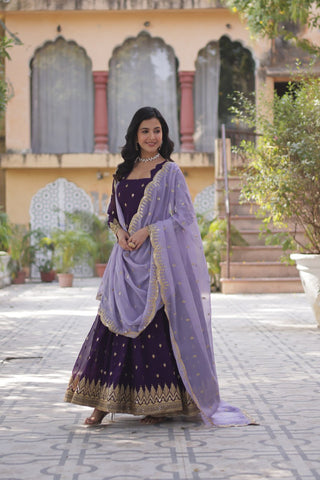Purple Elegant Embroidered Faux Blooming Gown with Cutwork Dupatta Full-Length Flair Party Wear ClothsVilla