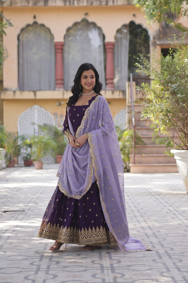 Purple Elegant Embroidered Faux Blooming Gown with Cutwork Dupatta Full-Length Flair Party Wear ClothsVilla