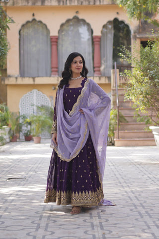 Purple Elegant Embroidered Faux Blooming Gown with Cutwork Dupatta Full-Length Flair Party Wear ClothsVilla