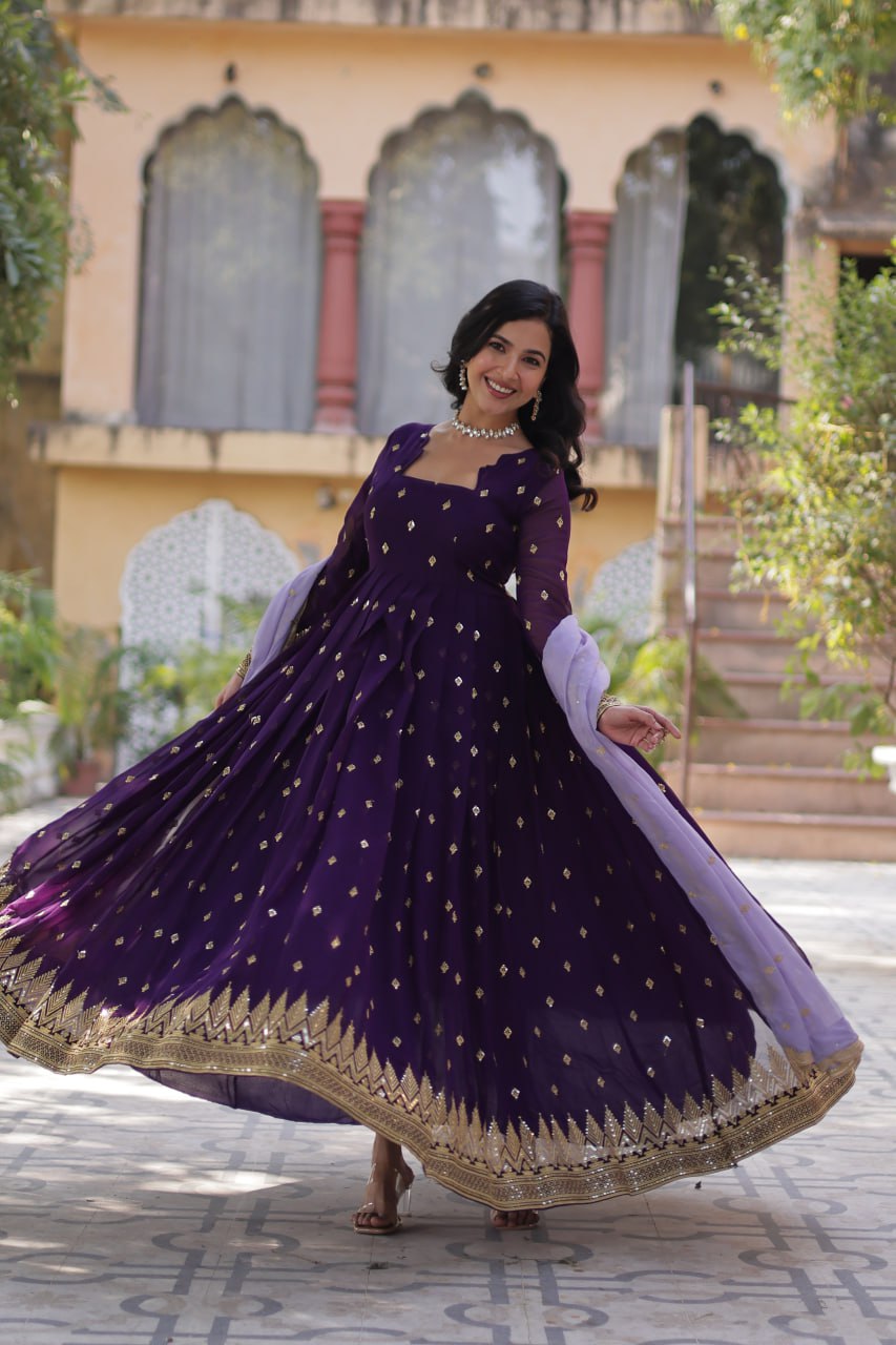 Purple Elegant Embroidered Faux Blooming Gown with Cutwork Dupatta Full-Length Flair Party Wear ClothsVilla