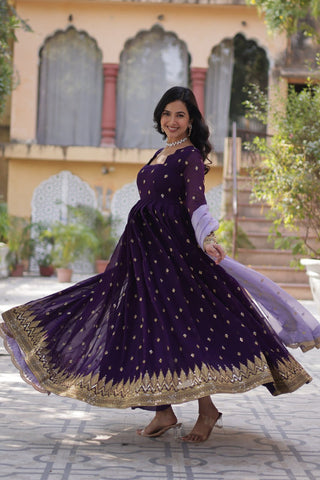 Purple Elegant Embroidered Faux Blooming Gown with Cutwork Dupatta Full-Length Flair Party Wear ClothsVilla