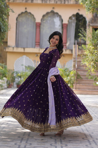 Purple Elegant Embroidered Faux Blooming Gown with Cutwork Dupatta Full-Length Flair Party Wear ClothsVilla