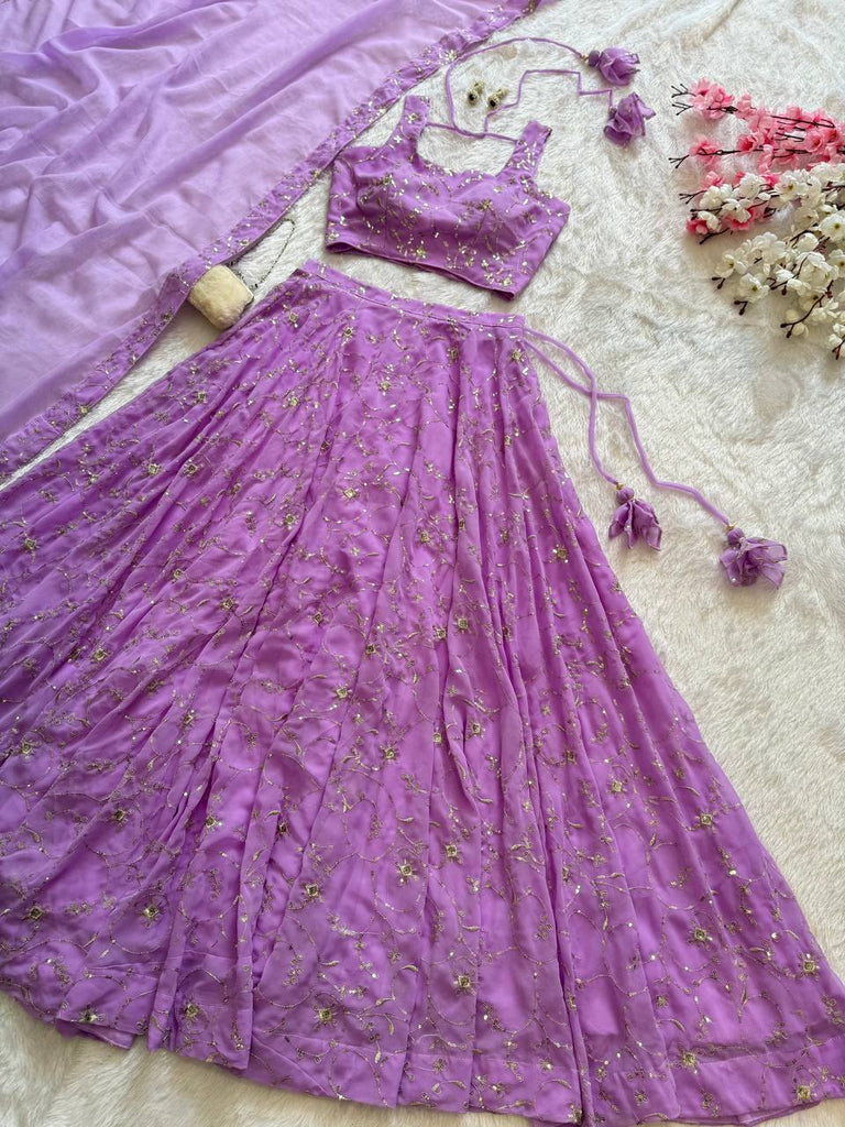 Purple Elegant Embroidered Georgette Lehenga Set with Padded Blouse & Work Border Dupatta ClothsVilla