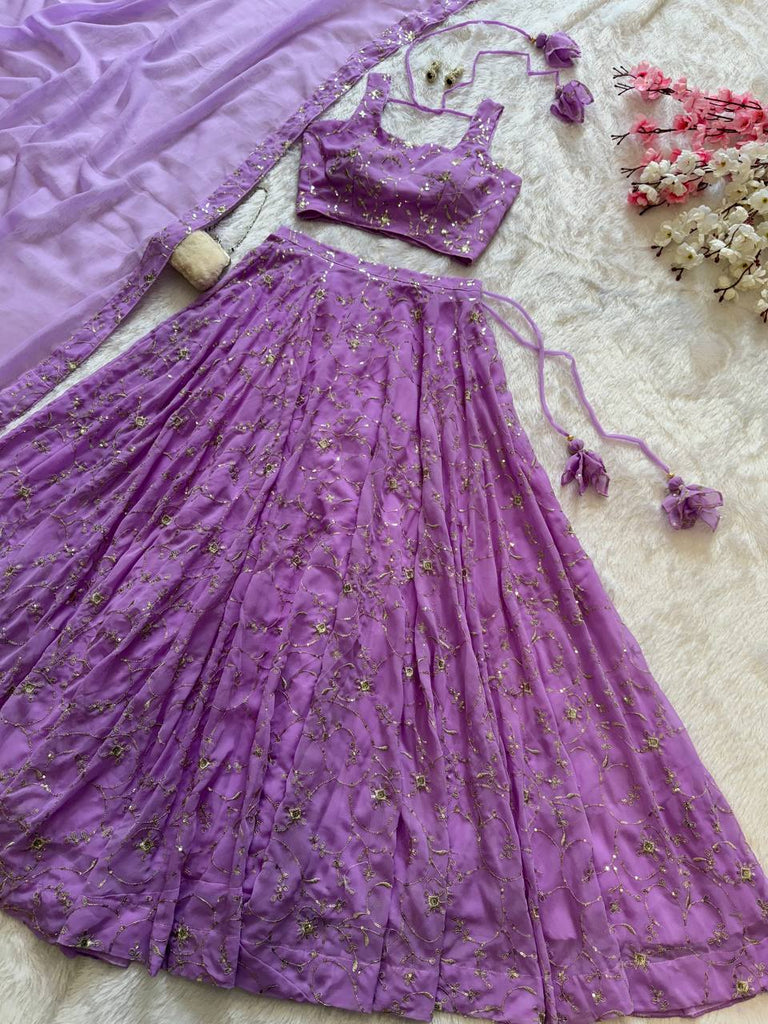 Purple Elegant Embroidered Georgette Lehenga Set with Padded Blouse & Work Border Dupatta ClothsVilla