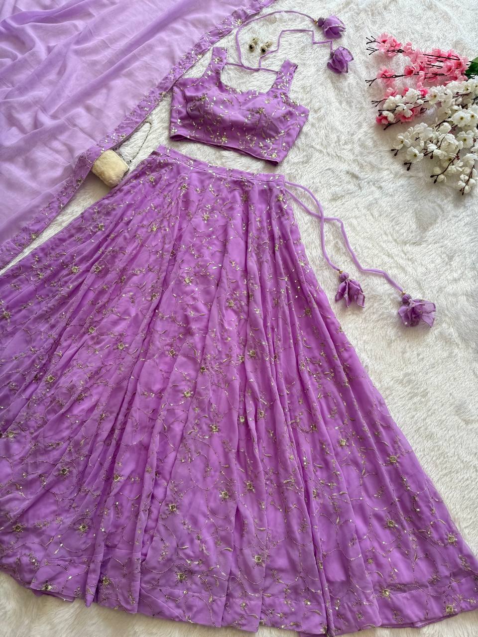 Purple Elegant Embroidered Georgette Lehenga Set with Padded Blouse & Work Border Dupatta ClothsVilla