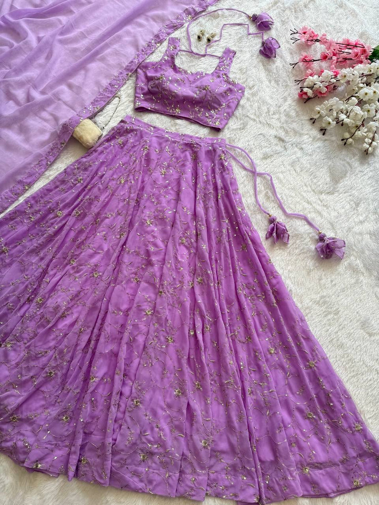 Purple Elegant Embroidered Georgette Lehenga Set with Padded Blouse & Work Border Dupatta ClothsVilla