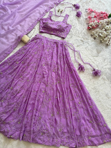 Purple Elegant Embroidered Georgette Lehenga Set with Padded Blouse & Work Border Dupatta ClothsVilla