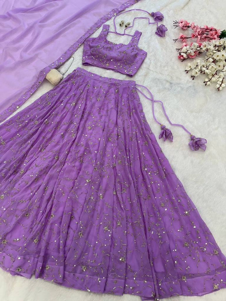 Purple Elegant Embroidered Georgette Lehenga Set with Padded Blouse & Work Border Dupatta ClothsVilla