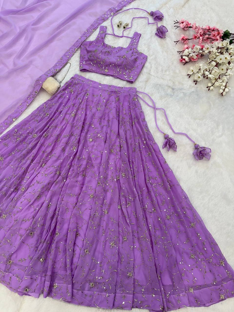 Purple Elegant Embroidered Georgette Lehenga Set with Padded Blouse & Work Border Dupatta ClothsVilla