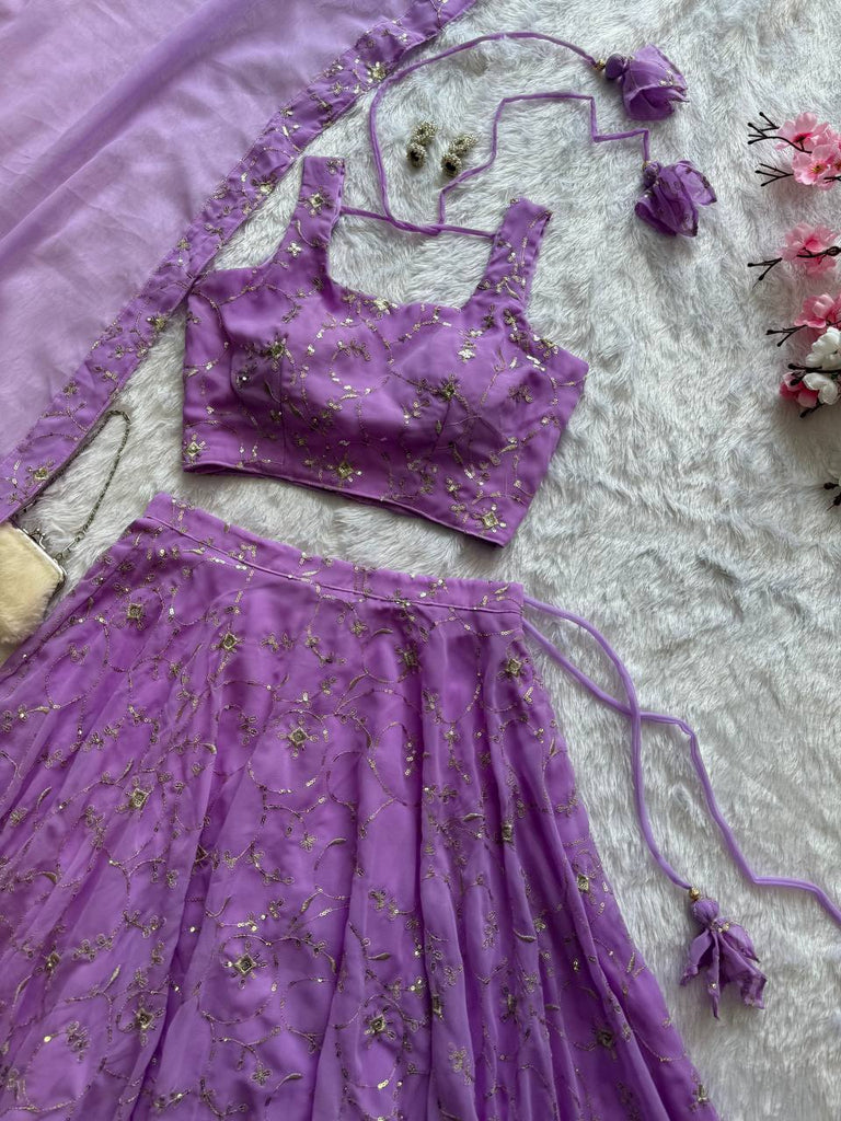 Purple Elegant Embroidered Georgette Lehenga Set with Padded Blouse & Work Border Dupatta ClothsVilla
