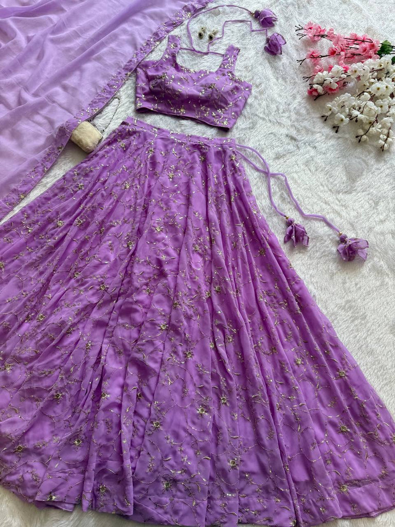 Purple Elegant Embroidered Georgette Lehenga Set with Padded Blouse & Work Border Dupatta ClothsVilla