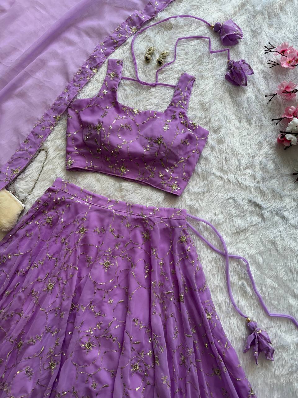 Purple Elegant Embroidered Georgette Lehenga Set with Padded Blouse & Work Border Dupatta ClothsVilla