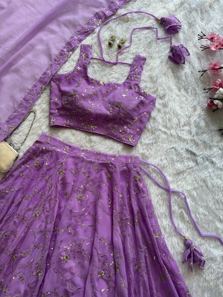 Purple Elegant Embroidered Georgette Lehenga Set with Padded Blouse & Work Border Dupatta ClothsVilla