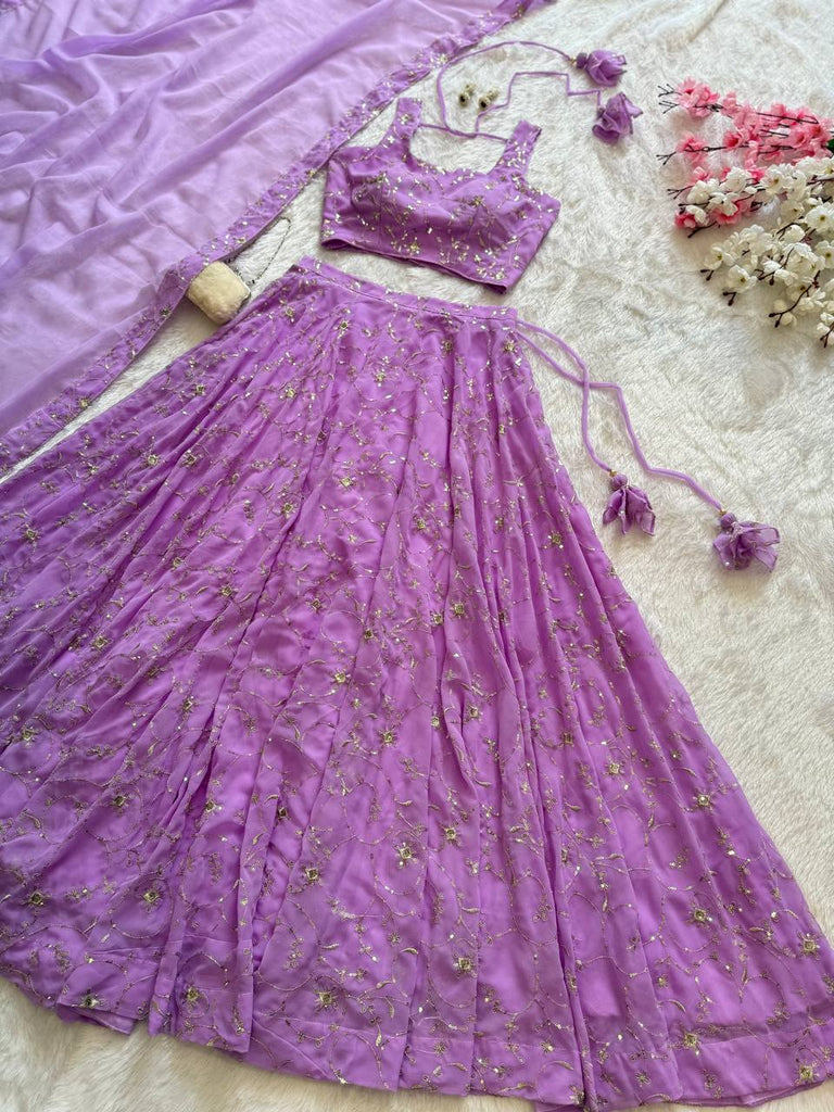 Purple Elegant Embroidered Georgette Lehenga Set with Padded Blouse & Work Border Dupatta ClothsVilla