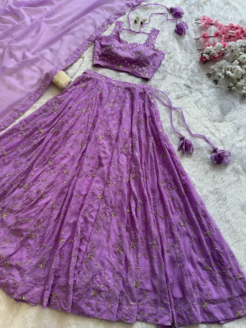 Purple Elegant Embroidered Georgette Lehenga Set with Padded Blouse & Work Border Dupatta ClothsVilla