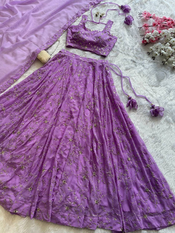 Purple Elegant Embroidered Georgette Lehenga Set with Padded Blouse & Work Border Dupatta ClothsVilla