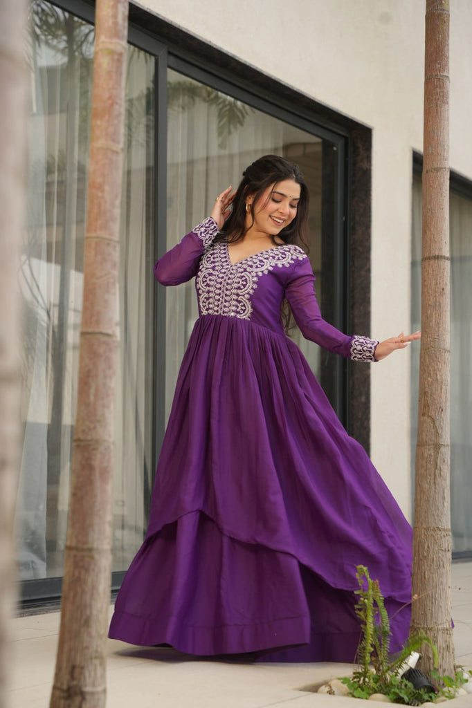 Purple Elegant Embroidered Star Georgette Gown – Double Flair & Designer V Neck ClothsVilla