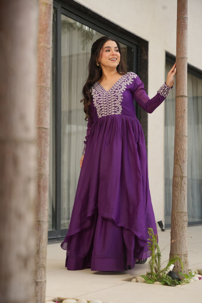 Purple Elegant Embroidered Star Georgette Gown – Double Flair & Designer V Neck ClothsVilla