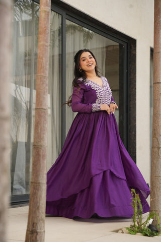 Purple Elegant Embroidered Star Georgette Gown – Double Flair & Designer V Neck ClothsVilla