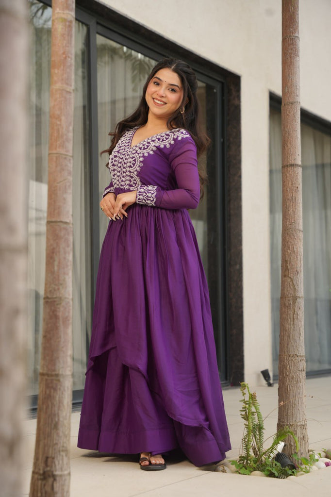Purple Elegant Embroidered Star Georgette Gown – Double Flair & Designer V Neck ClothsVilla