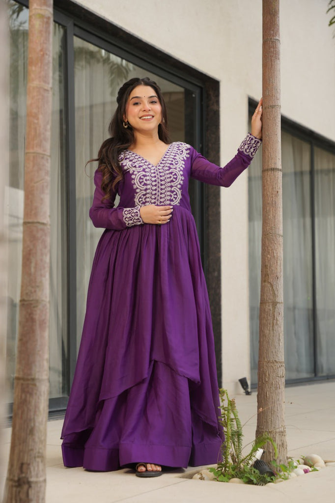 Purple Elegant Embroidered Star Georgette Gown – Double Flair & Designer V Neck ClothsVilla