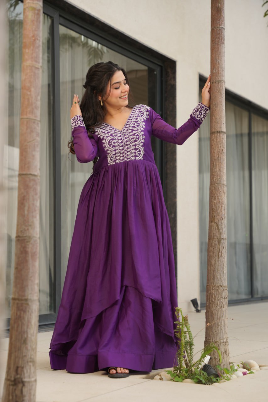 Purple Elegant Embroidered Star Georgette Gown – Double Flair & Designer V Neck ClothsVilla