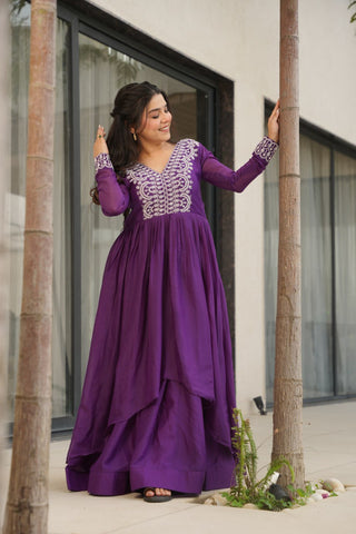 Purple Elegant Embroidered Star Georgette Gown – Double Flair & Designer V Neck ClothsVilla