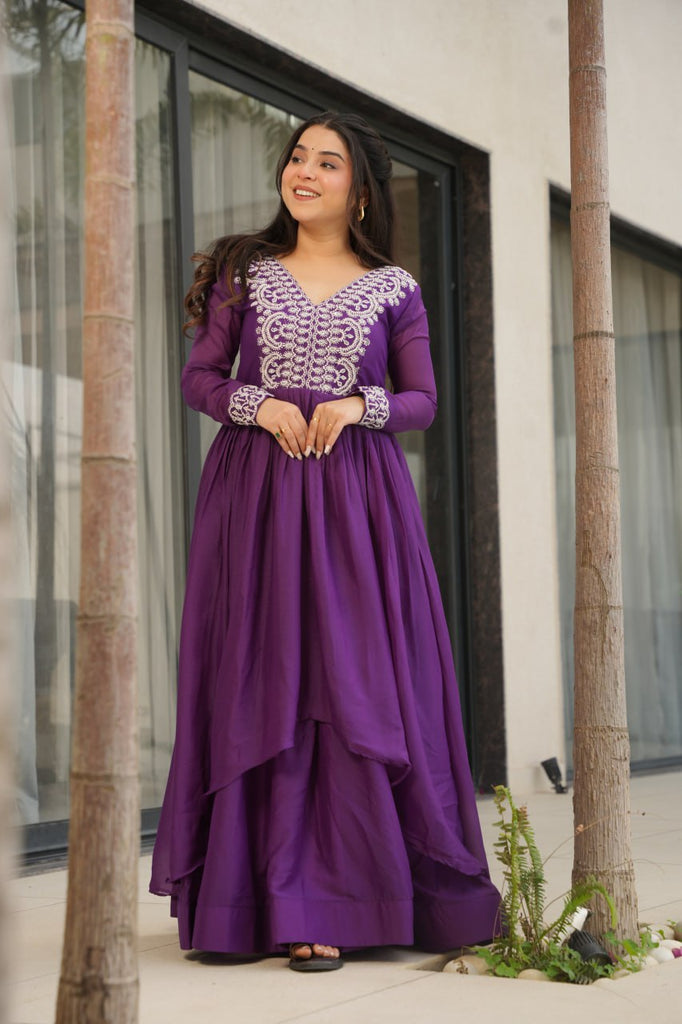 Purple Elegant Embroidered Star Georgette Gown – Double Flair & Designer V Neck ClothsVilla