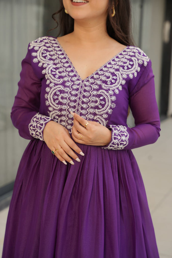 Purple Elegant Embroidered Star Georgette Gown – Double Flair & Designer V Neck ClothsVilla